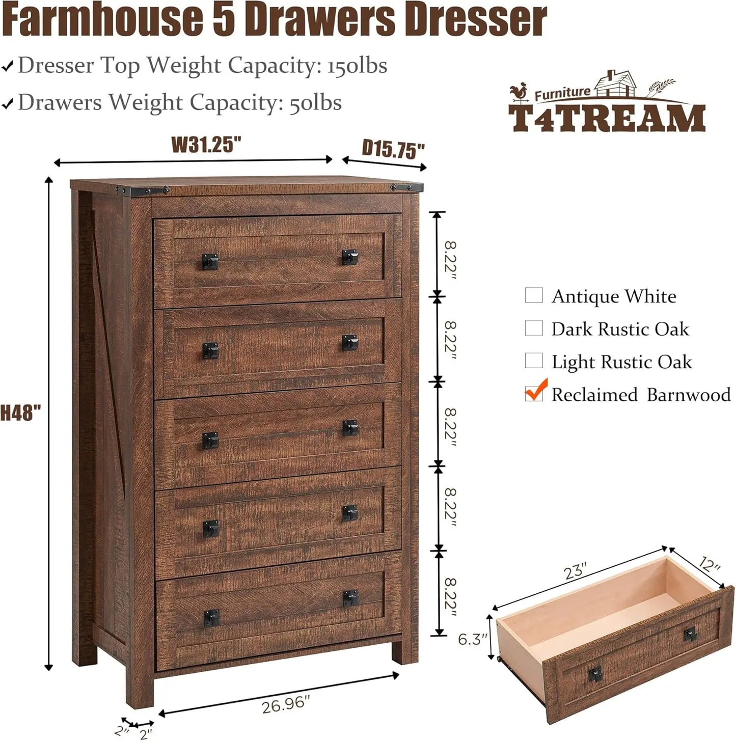 Farmhouse 5 Drawers Dresser Chests for Bedroom, Wood Rustic Tall Chset of Drawers,Dressers Organizer for Bedroom, Living Room