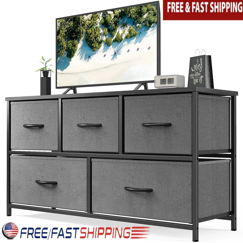 5 Drawer Dresser Storage Chest with Metal Frame Bedroom Nursery Closet Foldable Drawers Easy Clean and Durable