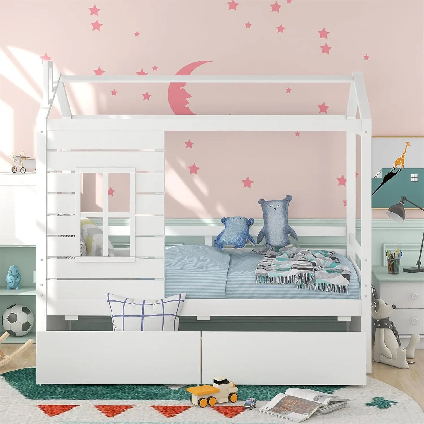 House Bed Twin Bed With Drawers, Wooden Daybed With Storage Drawers, For Kids Teens Girls Boys ( White )