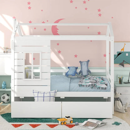 House Bed Twin Bed With Drawers, Wooden Daybed With Storage Drawers, For Kids Teens Girls Boys ( White )