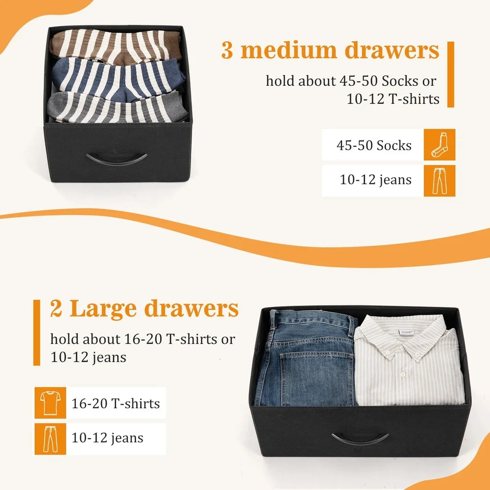 5 Drawer Dresser Storage Chest with Metal Frame Bedroom Nursery Closet Foldable Drawers Easy Clean and Durable