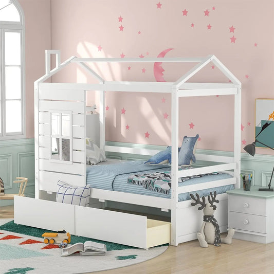 House Bed Twin Bed With Drawers, Wooden Daybed With Storage Drawers, For Kids Teens Girls Boys ( White )