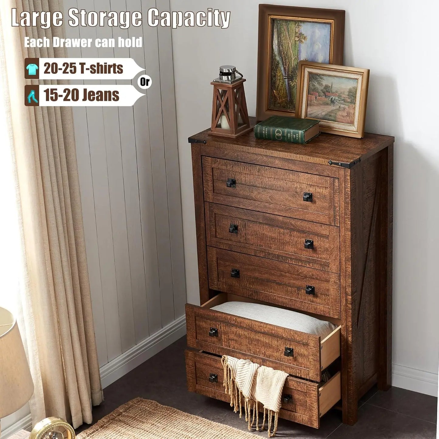 Farmhouse 5 Drawers Dresser Chests for Bedroom, Wood Rustic Tall Chset of Drawers,Dressers Organizer for Bedroom, Living Room