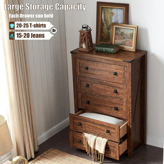Farmhouse 5 Drawers Dresser Chests for Bedroom, Wood Rustic Tall Chset of Drawers,Dressers Organizer for Bedroom, Living Room