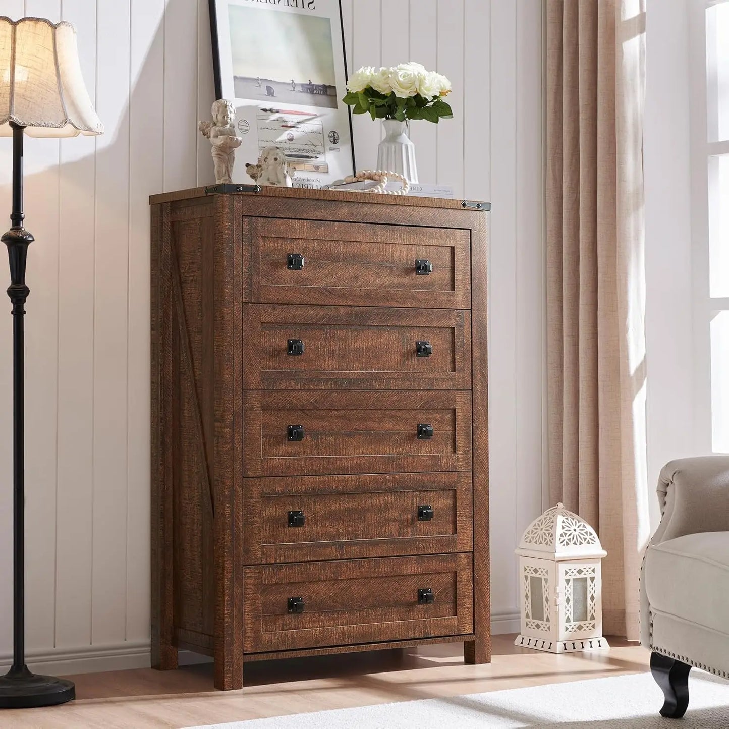 Farmhouse 5 Drawers Dresser Chests for Bedroom, Wood Rustic Tall Chset of Drawers,Dressers Organizer for Bedroom, Living Room