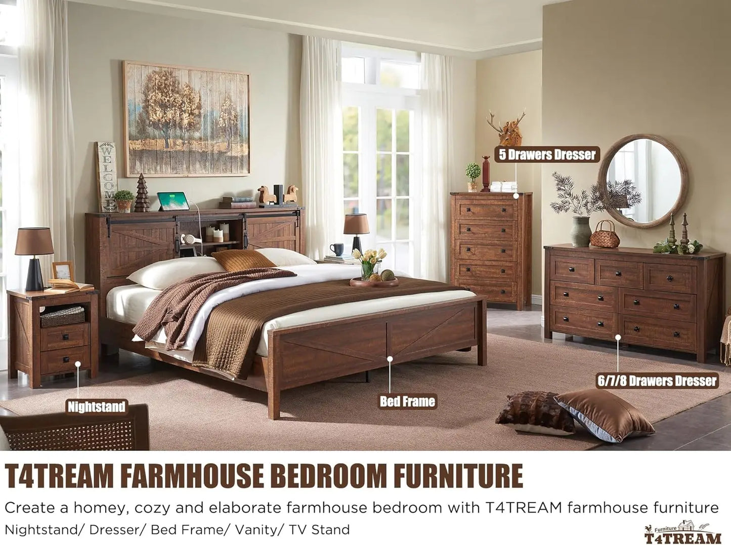 Farmhouse 5 Drawers Dresser Chests for Bedroom, Wood Rustic Tall Chset of Drawers,Dressers Organizer for Bedroom, Living Room