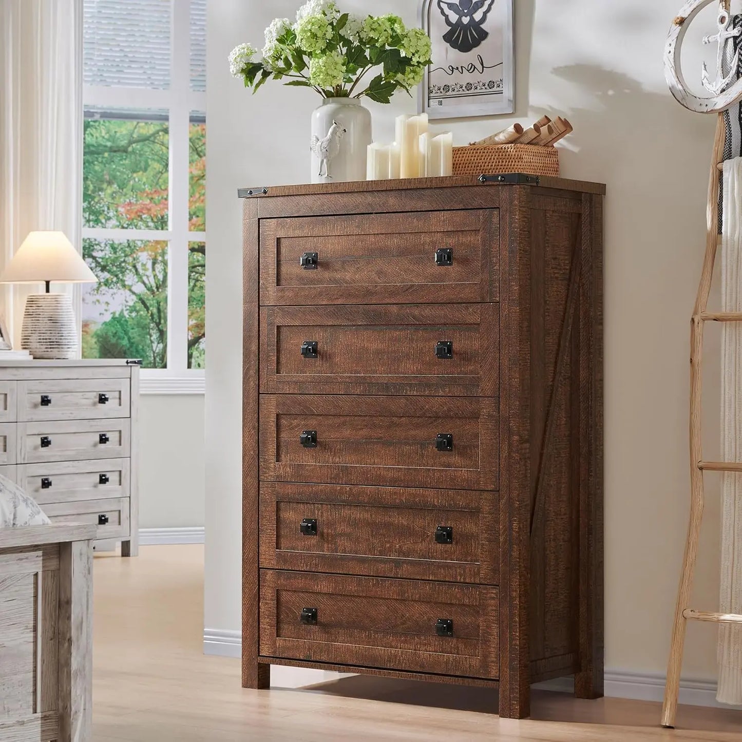 Farmhouse 5 Drawers Dresser Chests for Bedroom, Wood Rustic Tall Chset of Drawers,Dressers Organizer for Bedroom, Living Room